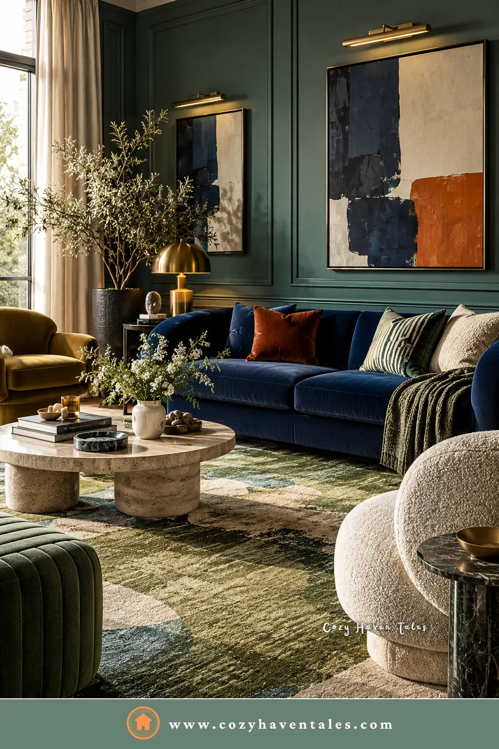 Green patterned rug under a stone coffee table with a navy sofa and dark green walls