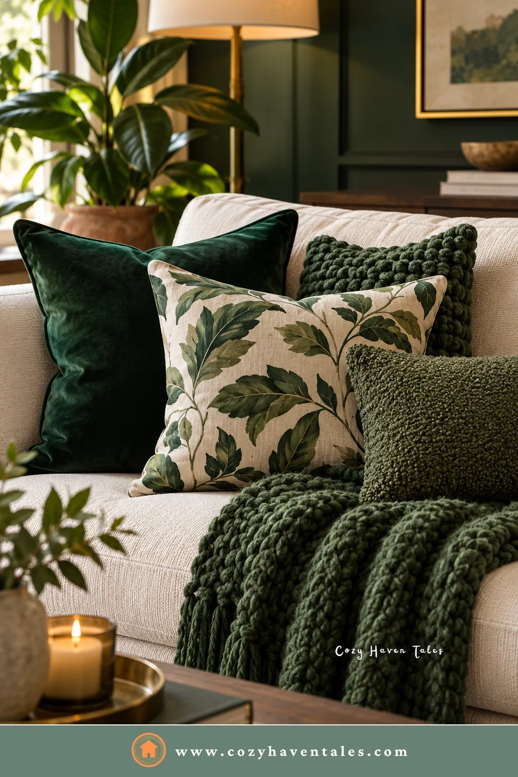 Cream sofa with dark green velvet, boucle, and leaf-print pillows and a chunky forest green knit throw, a cozy dark green living room touch