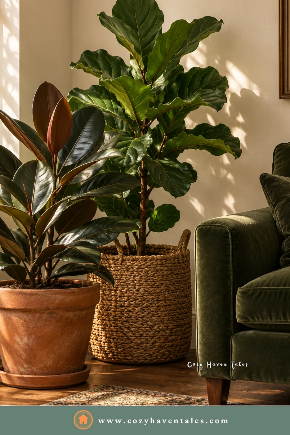 Rubber plant and fiddle leaf fig in terracotta and woven pots against a warm white wall beside a green velvet armchair