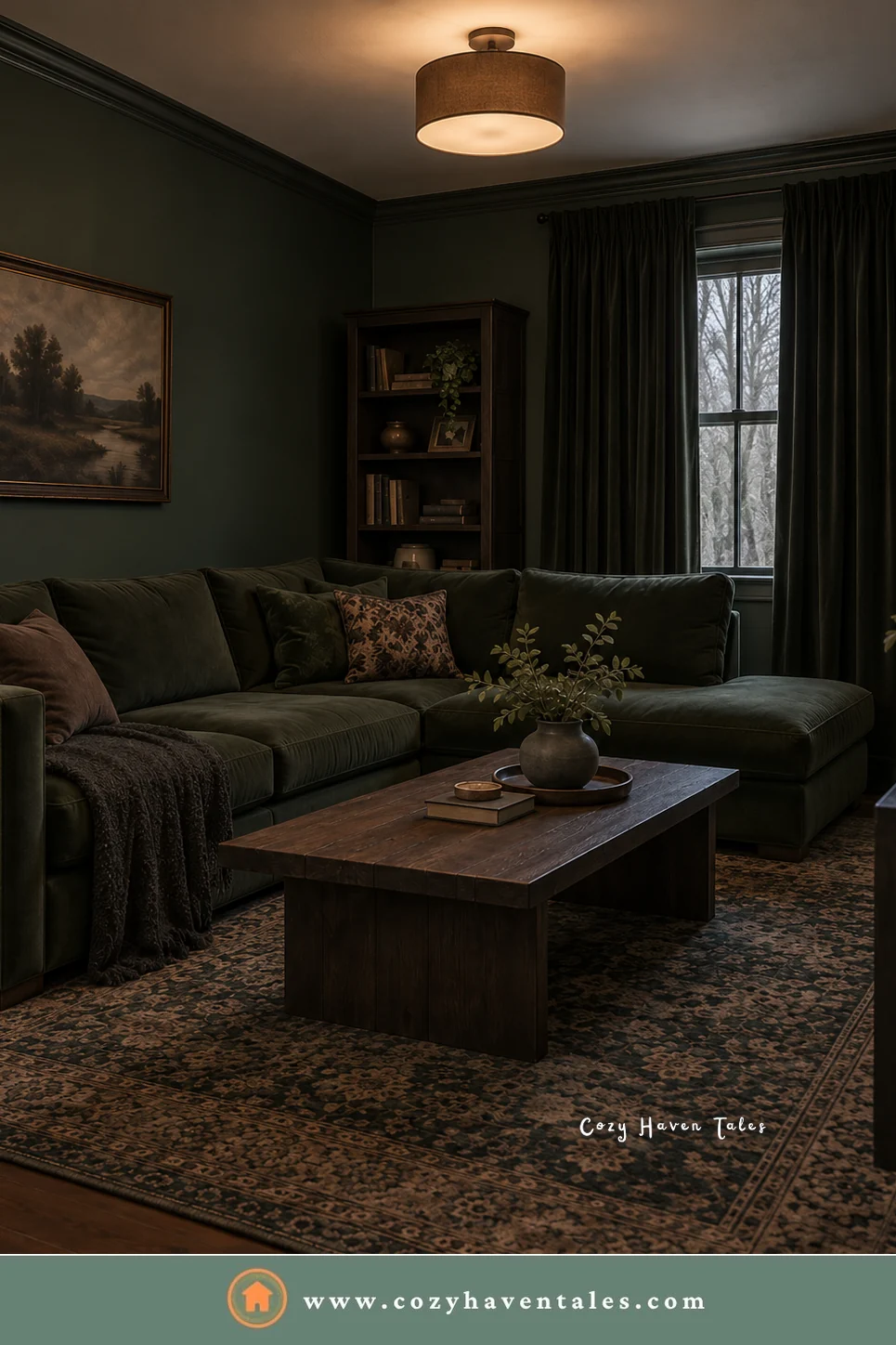 Gloomy dark green living room with a dark sofa, dark rug, and a single ceiling light, a dark green living room mistake to avoid