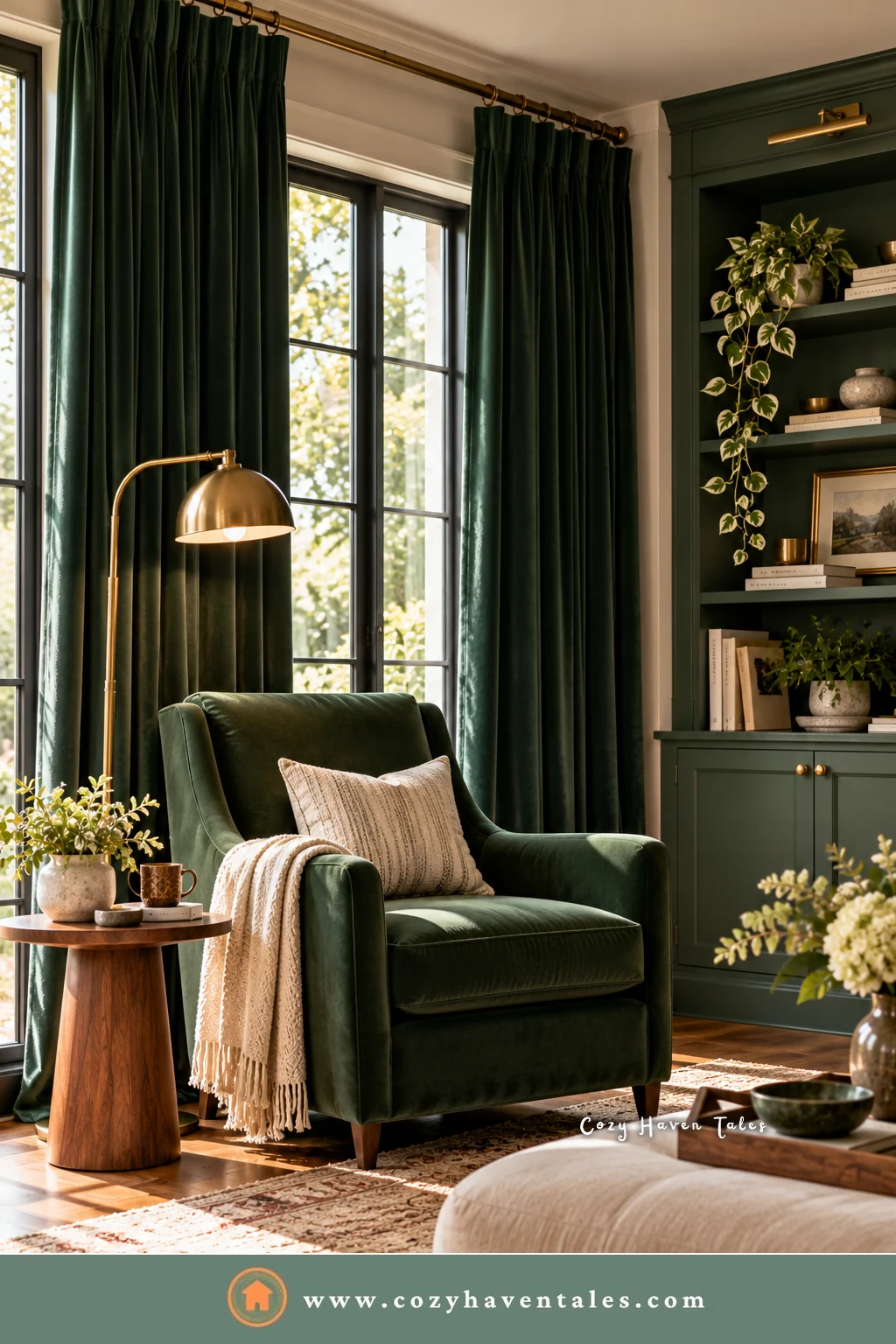Floor-length dark green velvet curtains beside a green velvet armchair, a brass floor lamp, and built-in shelves