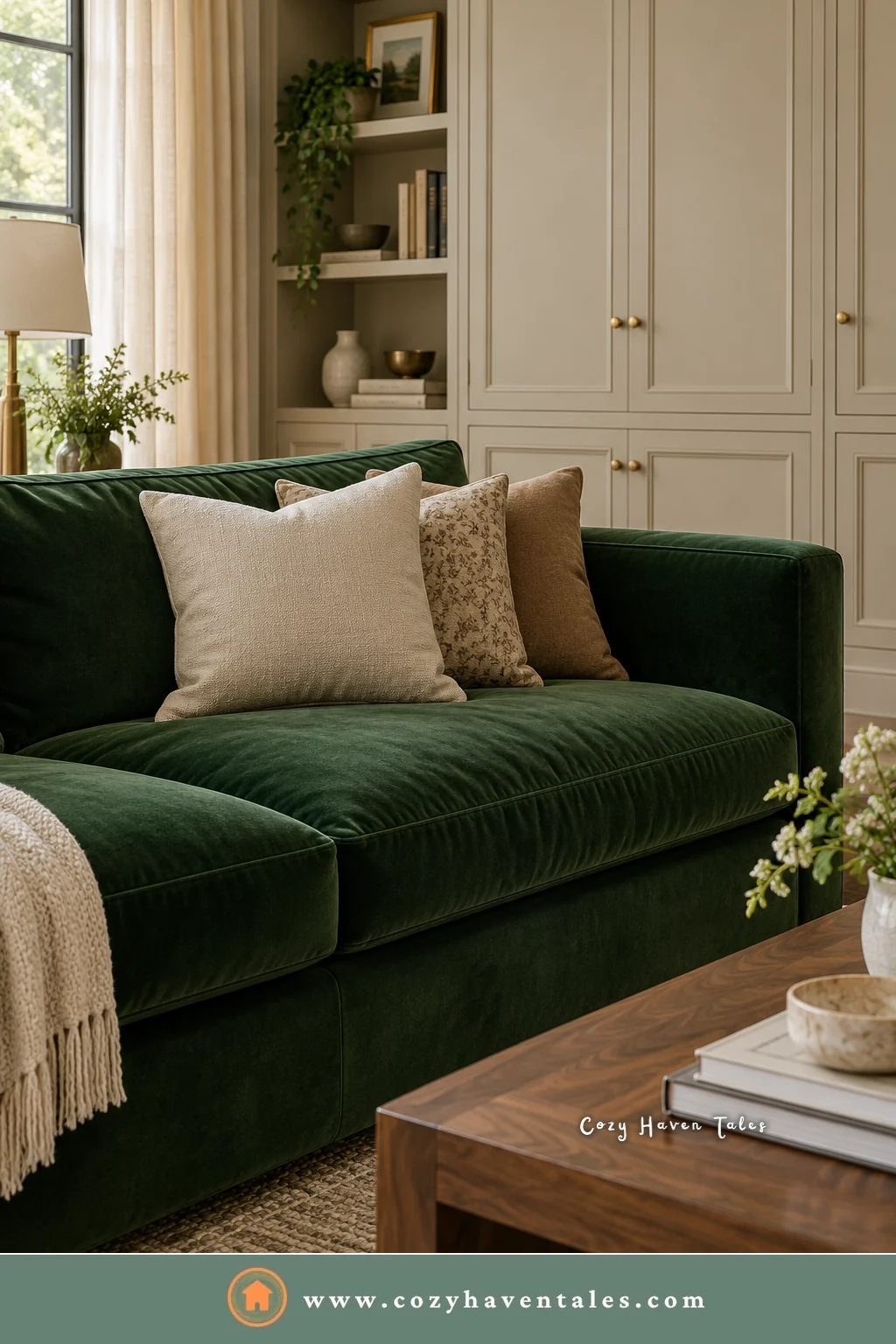 Dark green velvet sofa with cream and patterned pillows, a wood coffee table, and white built-in cabinets