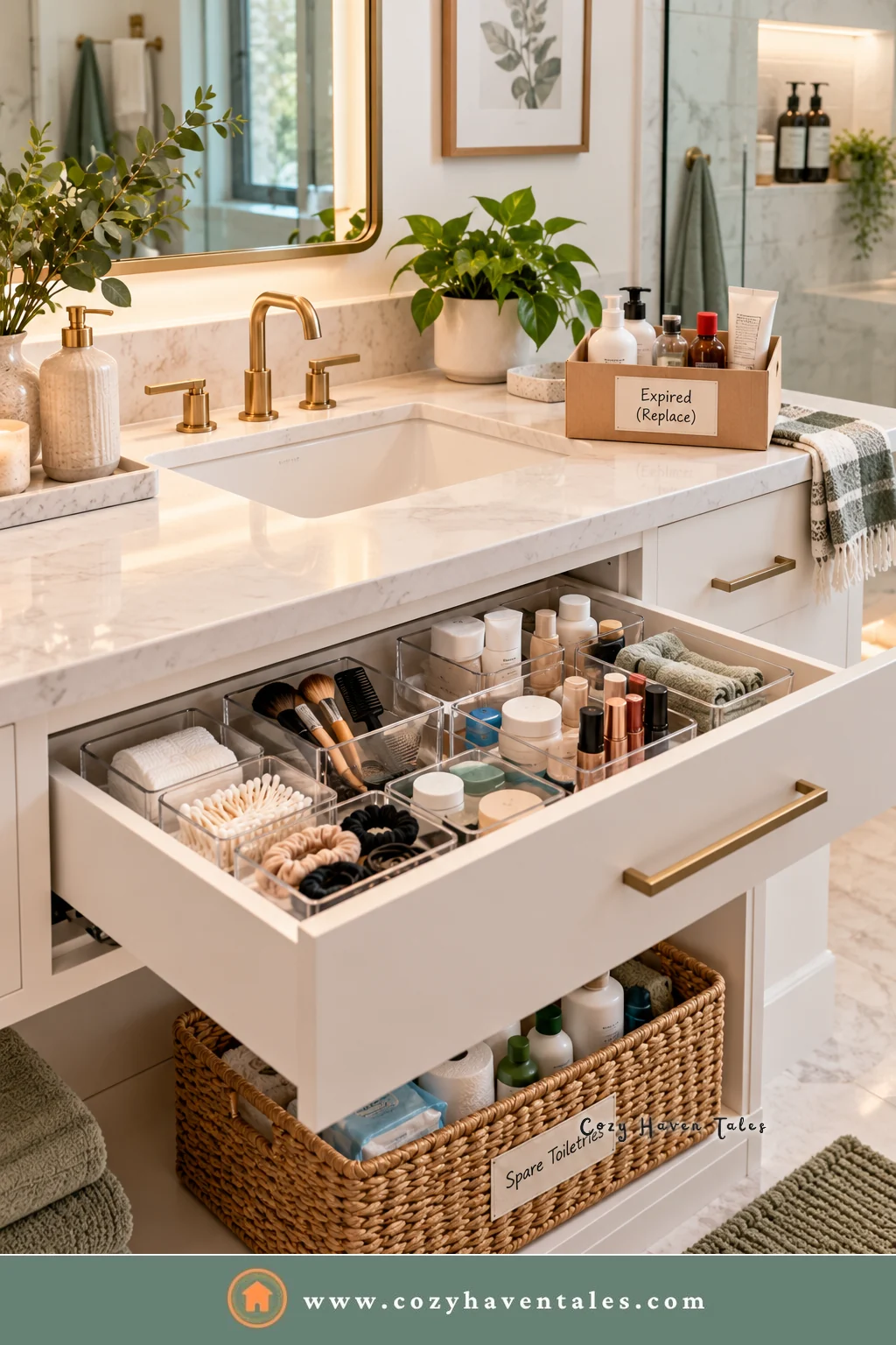 Organized bathroom vanity drawer with clear bins, a box for expired products, and a basket of spare toiletries