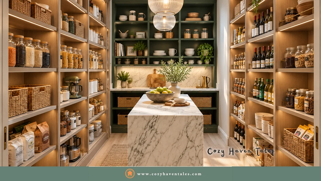 Warm walk-in pantry with wood shelves, labeled jars, and a marble island