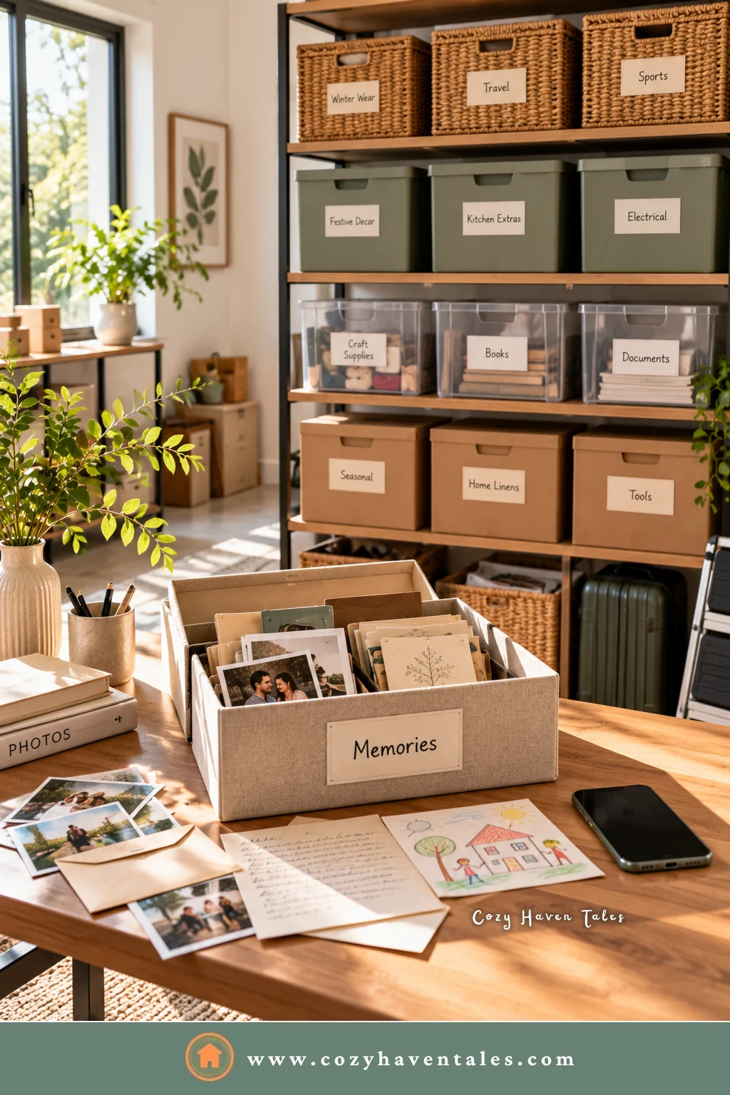 Labeled storage boxes on shelves and an open memory box of photos and drawings, the last step when you declutter room by room