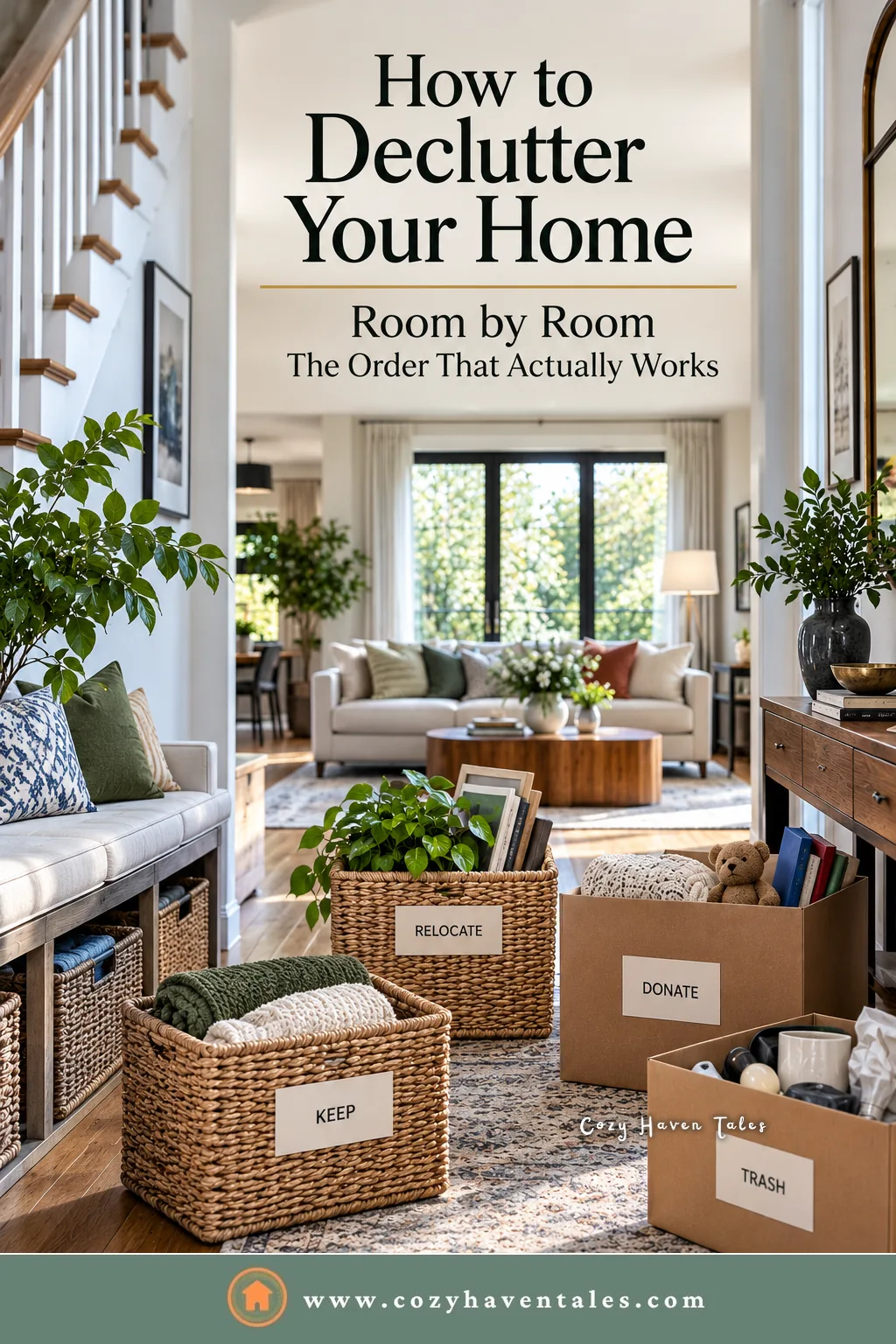 How to declutter your home room by room title image with labeled keep, donate, relocate, and trash baskets in a bright hallway