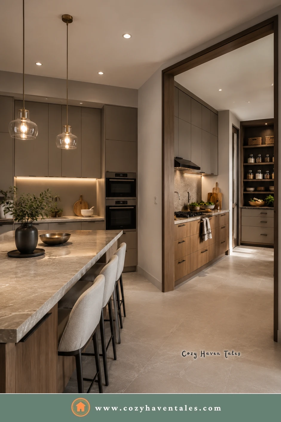Dirty kitchen behind a main kitchen, seen through a wide opening past a stone island with white stools