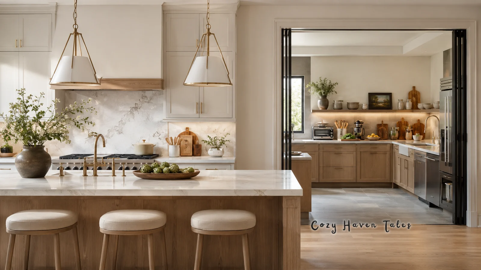 Open main kitchen with a white island and a doorway into a hidden dirty kitchen with wood cabinets