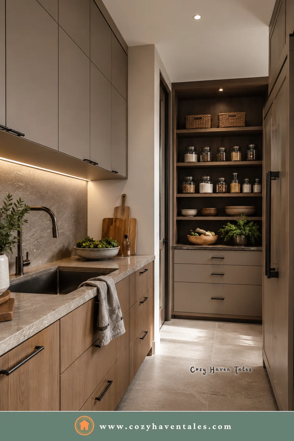 Galley dirty kitchen with a sink, wood lower cabinets, and open pantry shelves of jars at the end