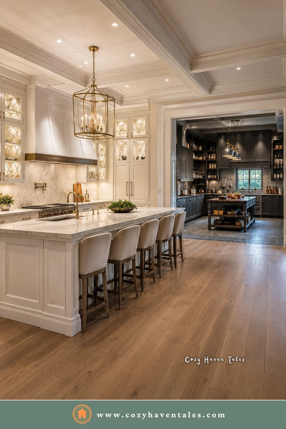 Large white kitchen with a long island opening into a big dirty kitchen with a center work table