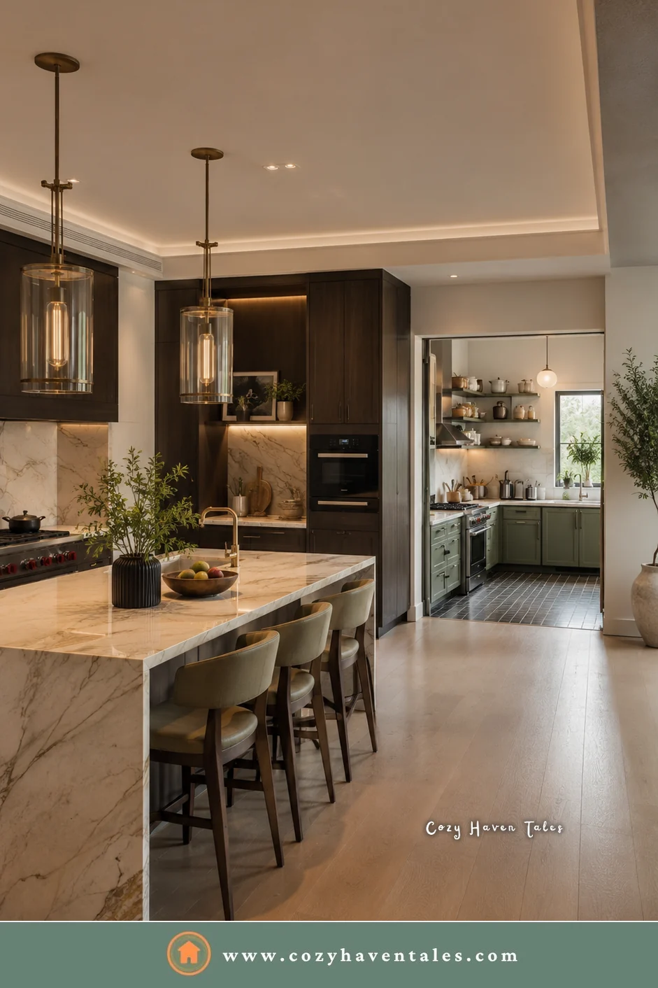 Marble island in a main kitchen with a second working kitchen visible behind it