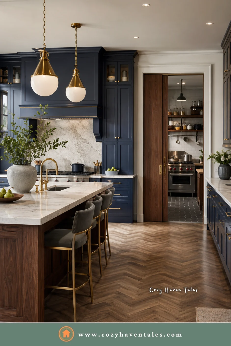 Navy kitchen with brass pendants and a pocket door opening into a dirty kitchen with a range