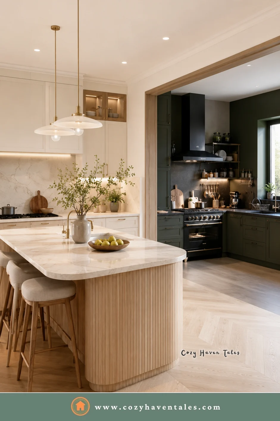 Open-plan kitchen with a fluted wood island and a dark green dirty kitchen behind a wide doorway