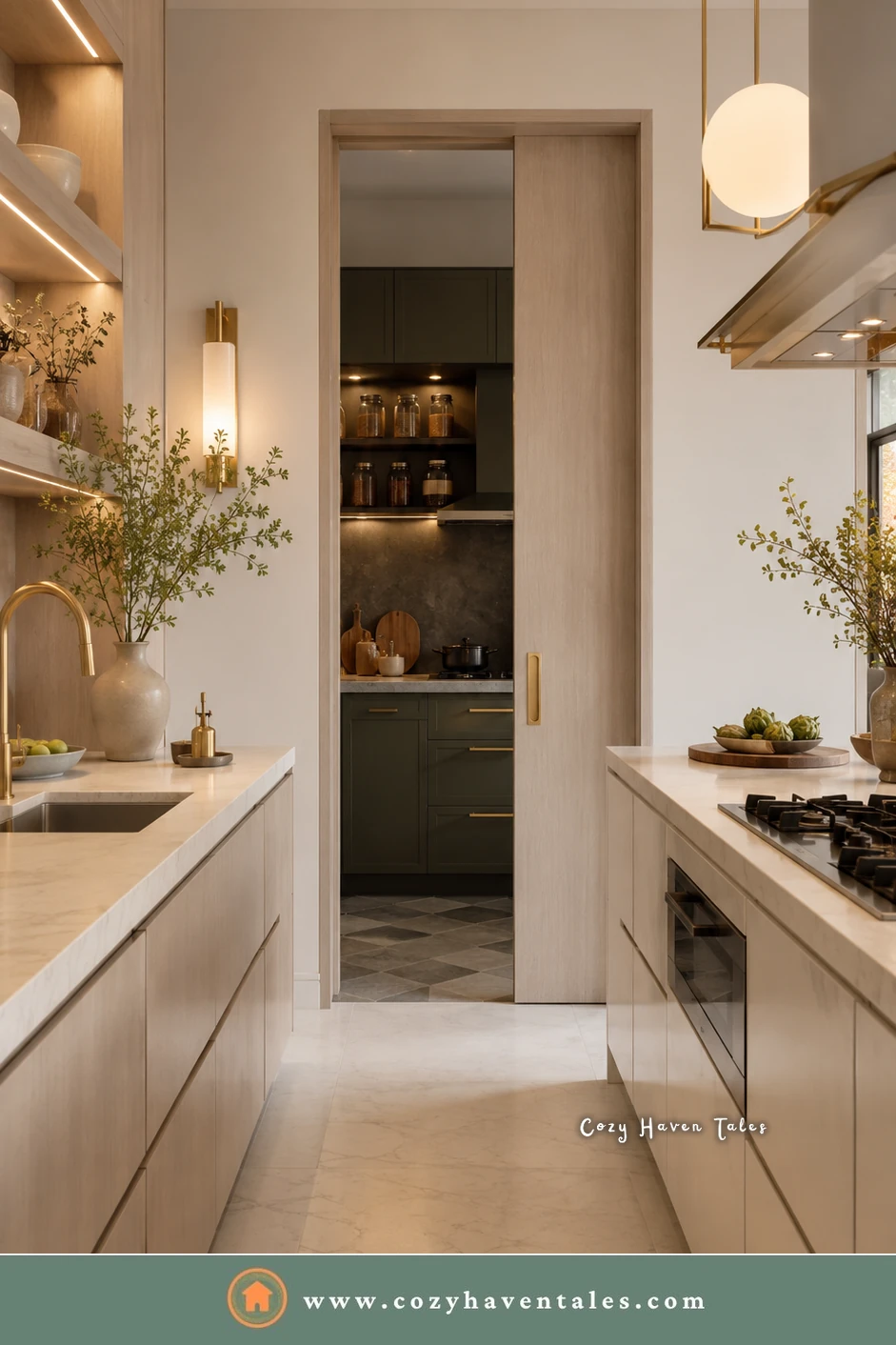 Pocket door between a main kitchen and a narrow prep kitchen with green cabinets