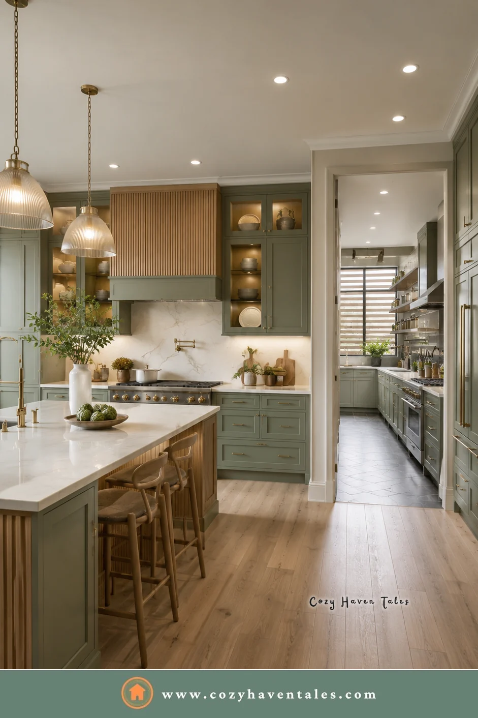 Sage green kitchen with an island and a doorway into a back kitchen with open shelves