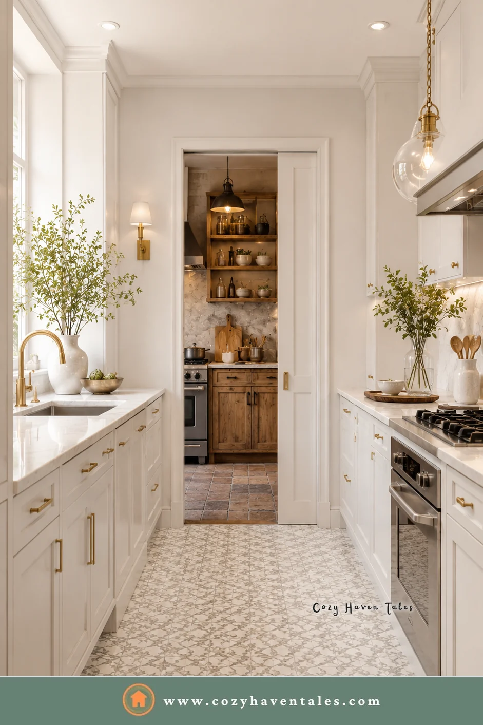 White kitchen with brass taps and a doorway into a small scullery with wood shelves