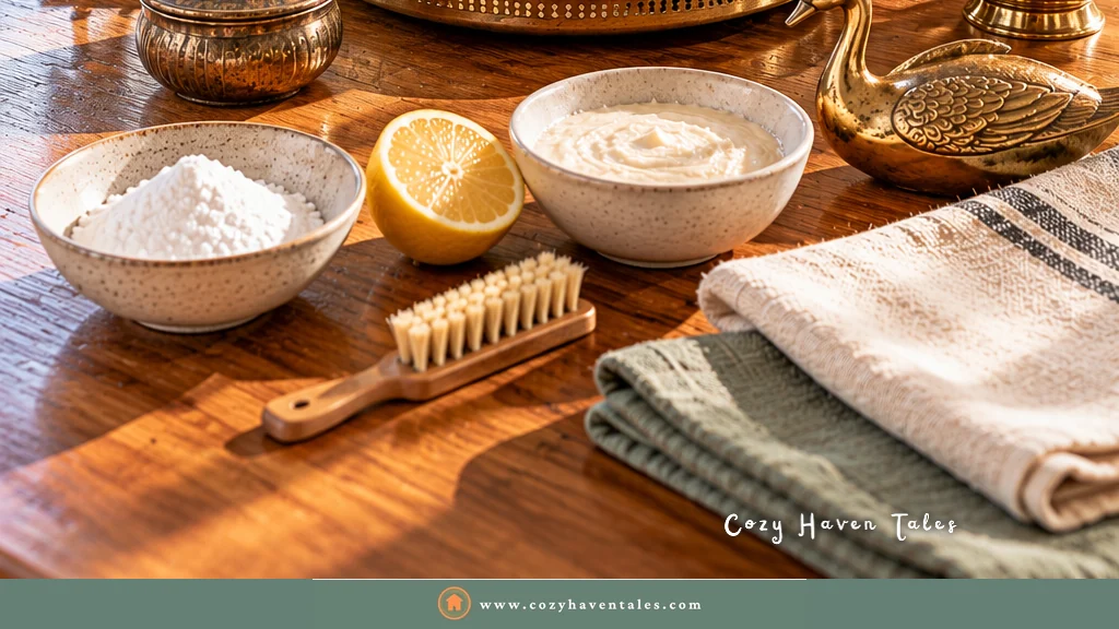 Supplies to clean brass items gently: baking soda, mild paste, half a lemon, a soft brush, and cotton cloths on a wooden table