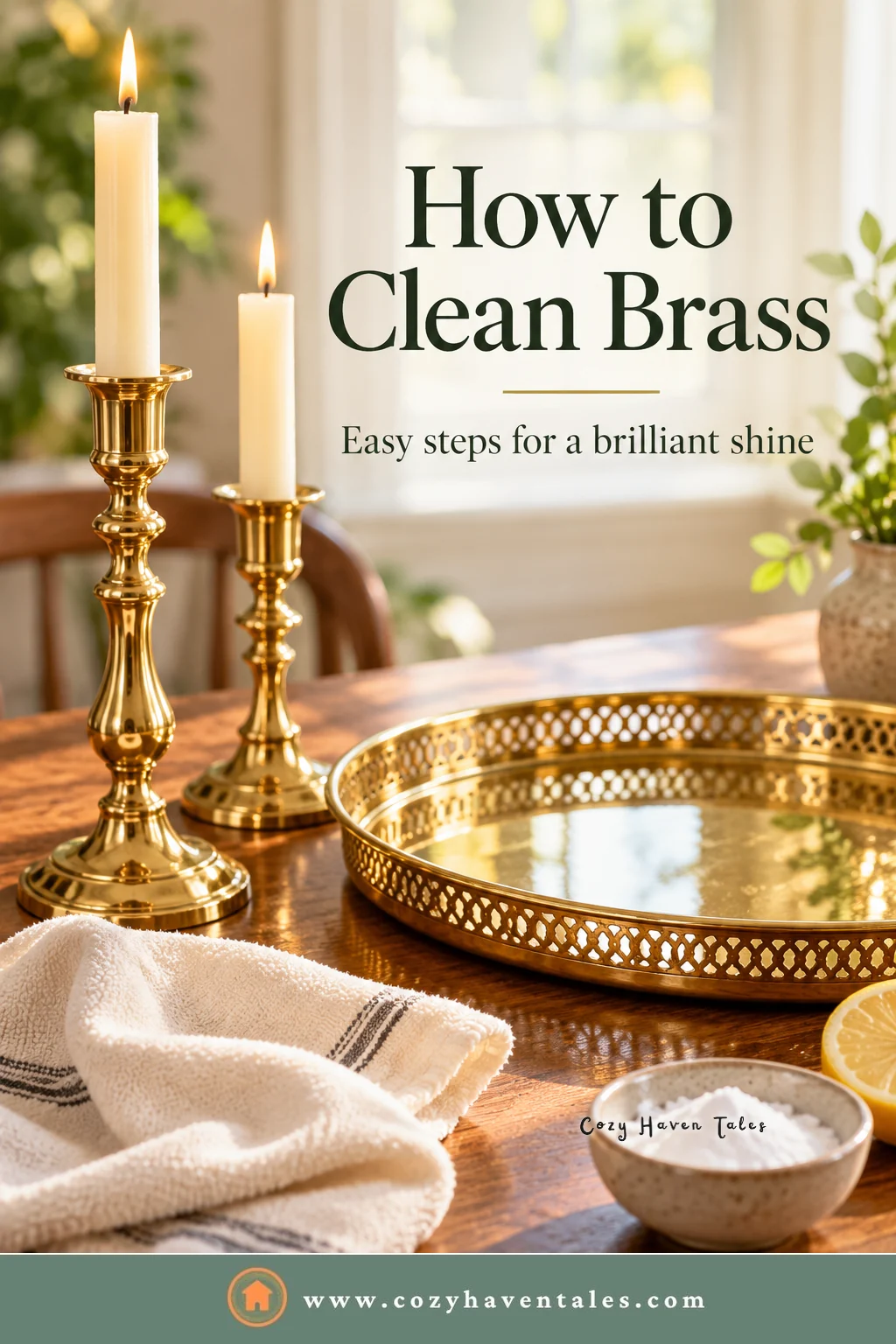 How to clean brass items at home title image with polished brass candlesticks, a pierced brass tray, a towel, and baking soda