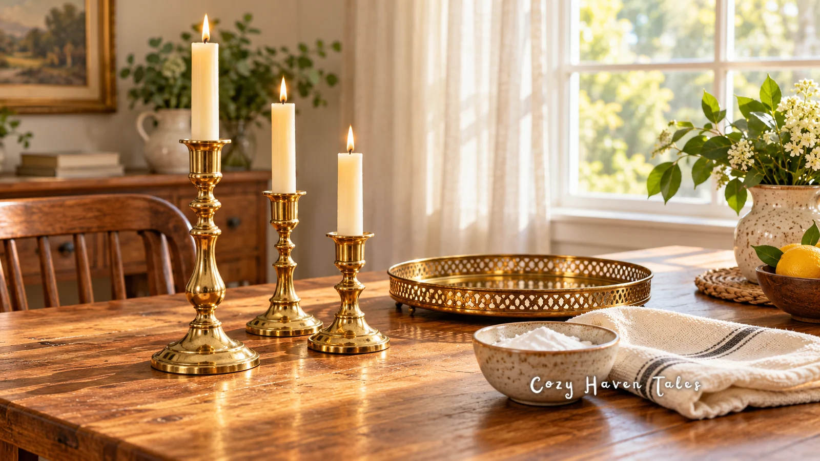 Polished brass candlesticks with lit candles, a pierced brass tray, a bowl of cleaning paste, and a cloth on a sunny wooden table