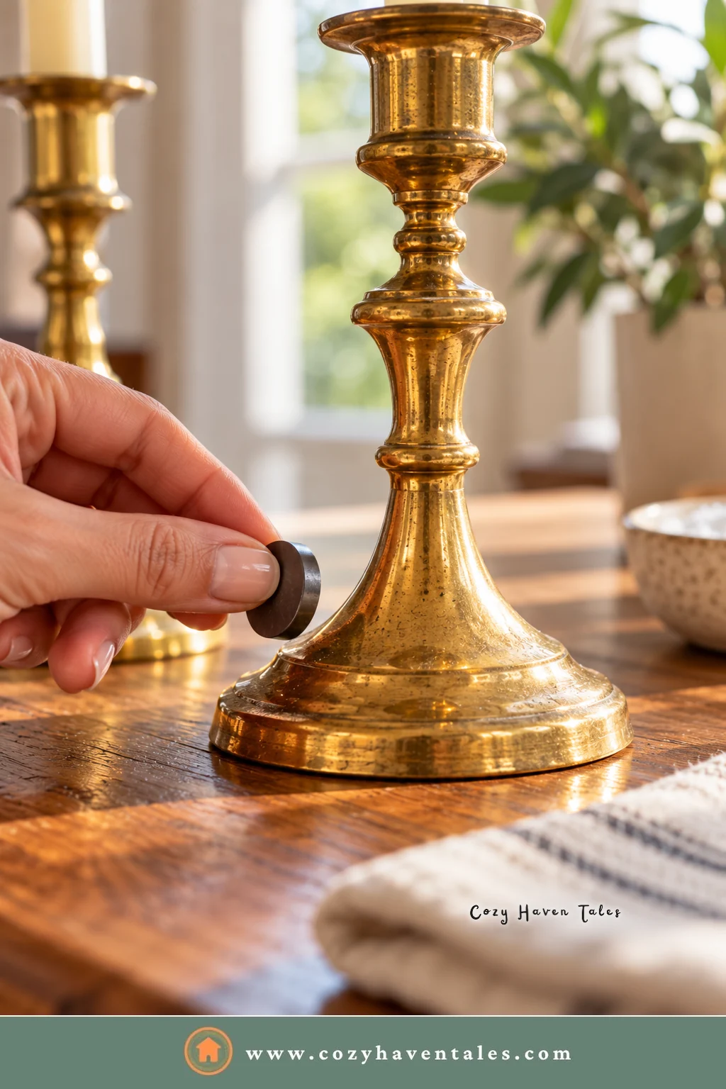 Hand holding a small magnet against the base of a polished brass candlestick to check if it is solid brass