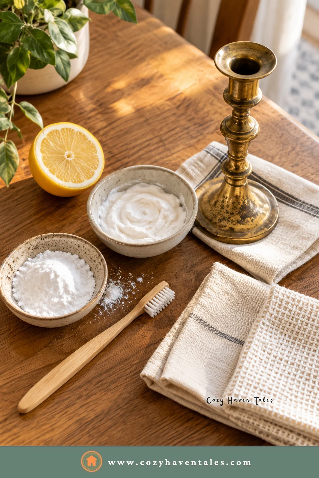 Natural supplies to clean brass items: lemon, baking soda, a bowl of paste, a bamboo toothbrush, and cloths beside a tarnished candlestick