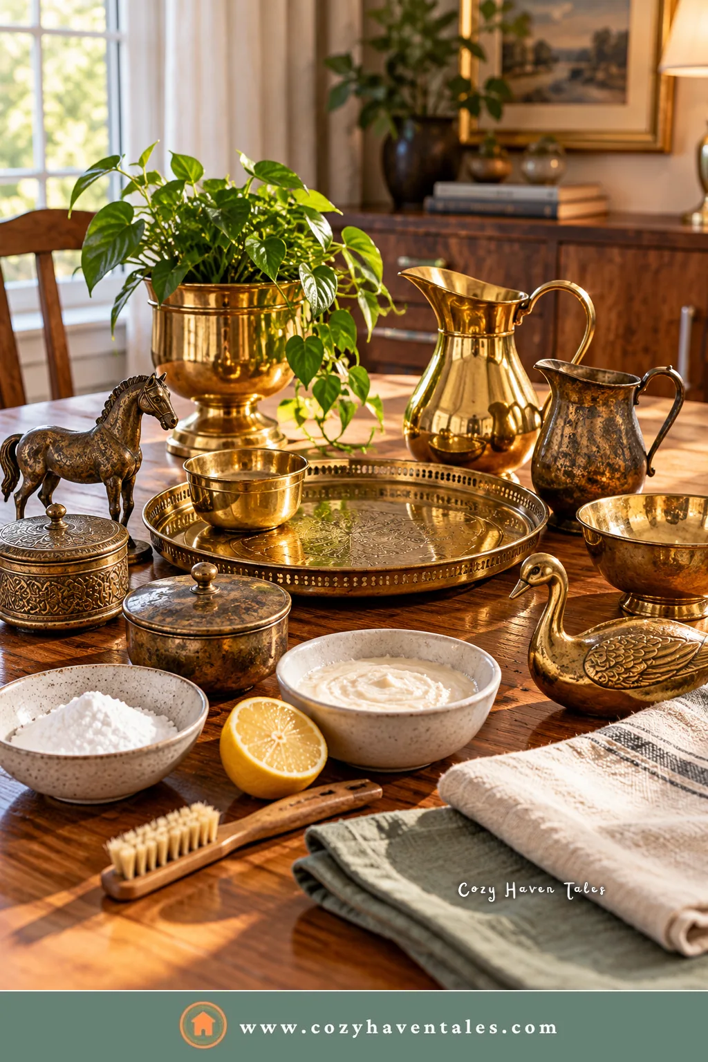 Polished brass pitchers, a tray, a horse figurine, and a planter with natural cleaning supplies on a wooden table