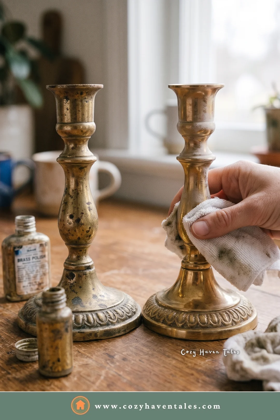Using a soft cloth and brass polish to clean brass items like this tarnished candlestick