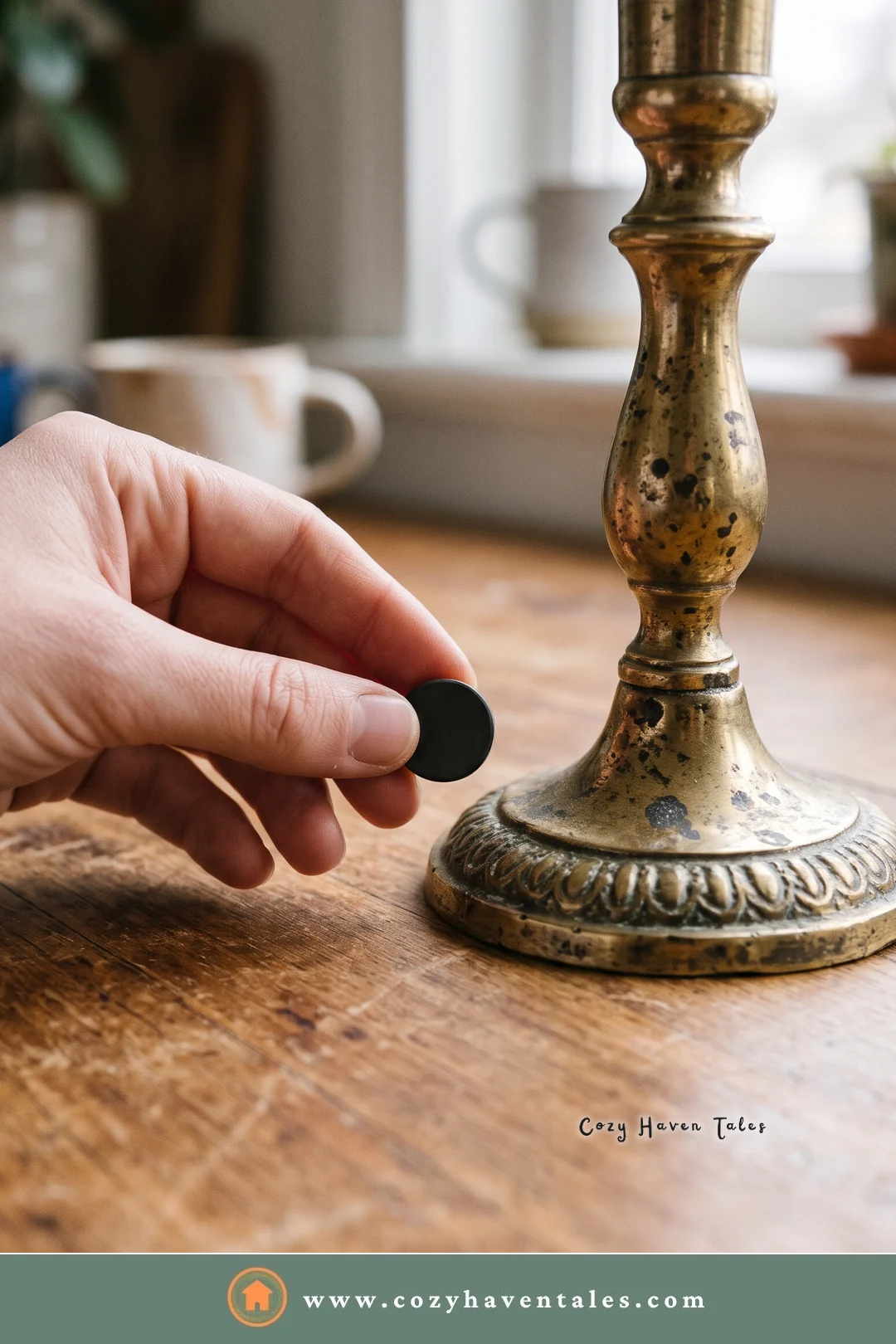 Hand holding a magnet against a heavily tarnished brass candlestick to check whether it is solid brass