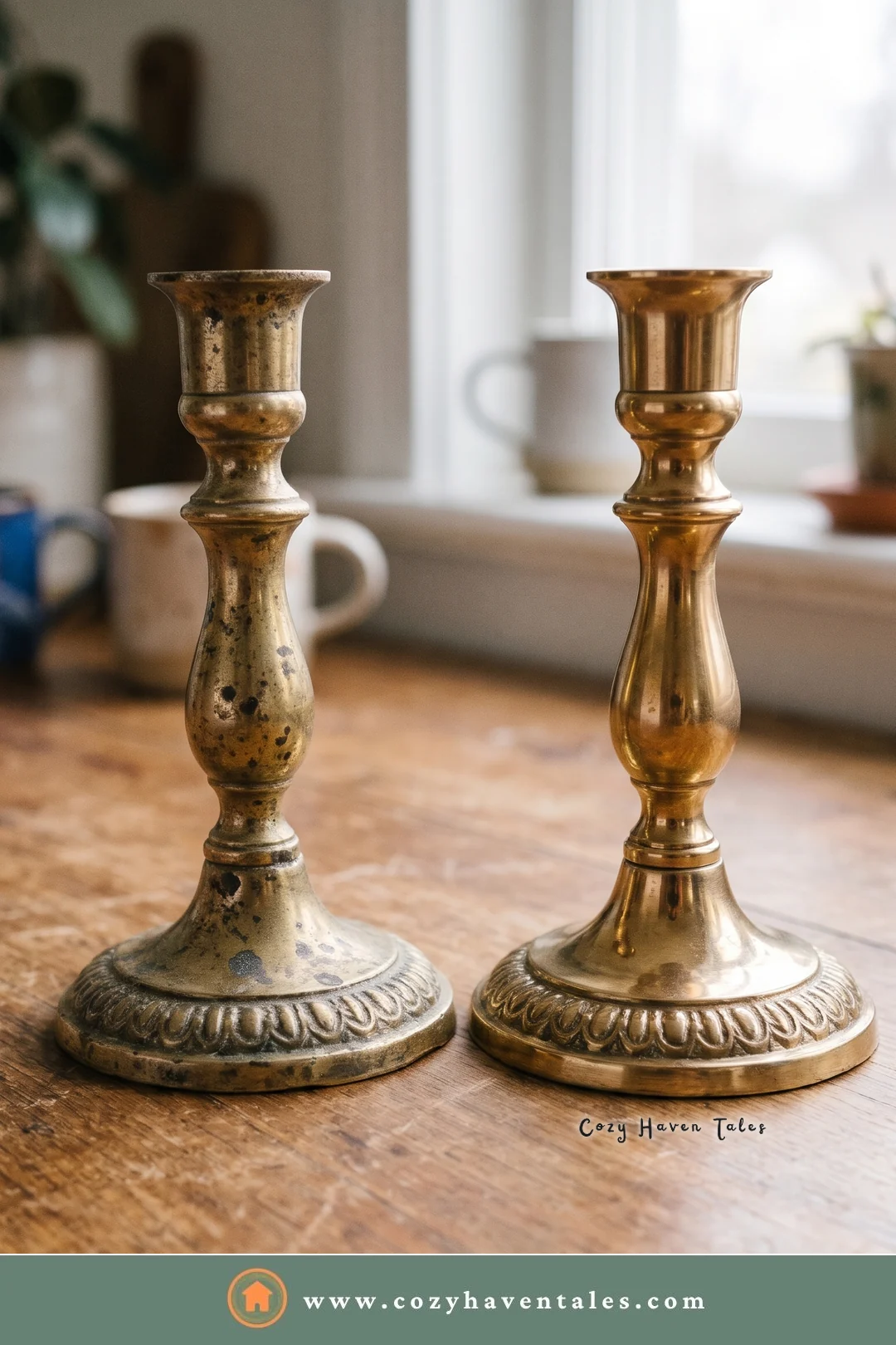 Tarnished and freshly polished candlesticks side by side, showing the result when you clean brass items carefully