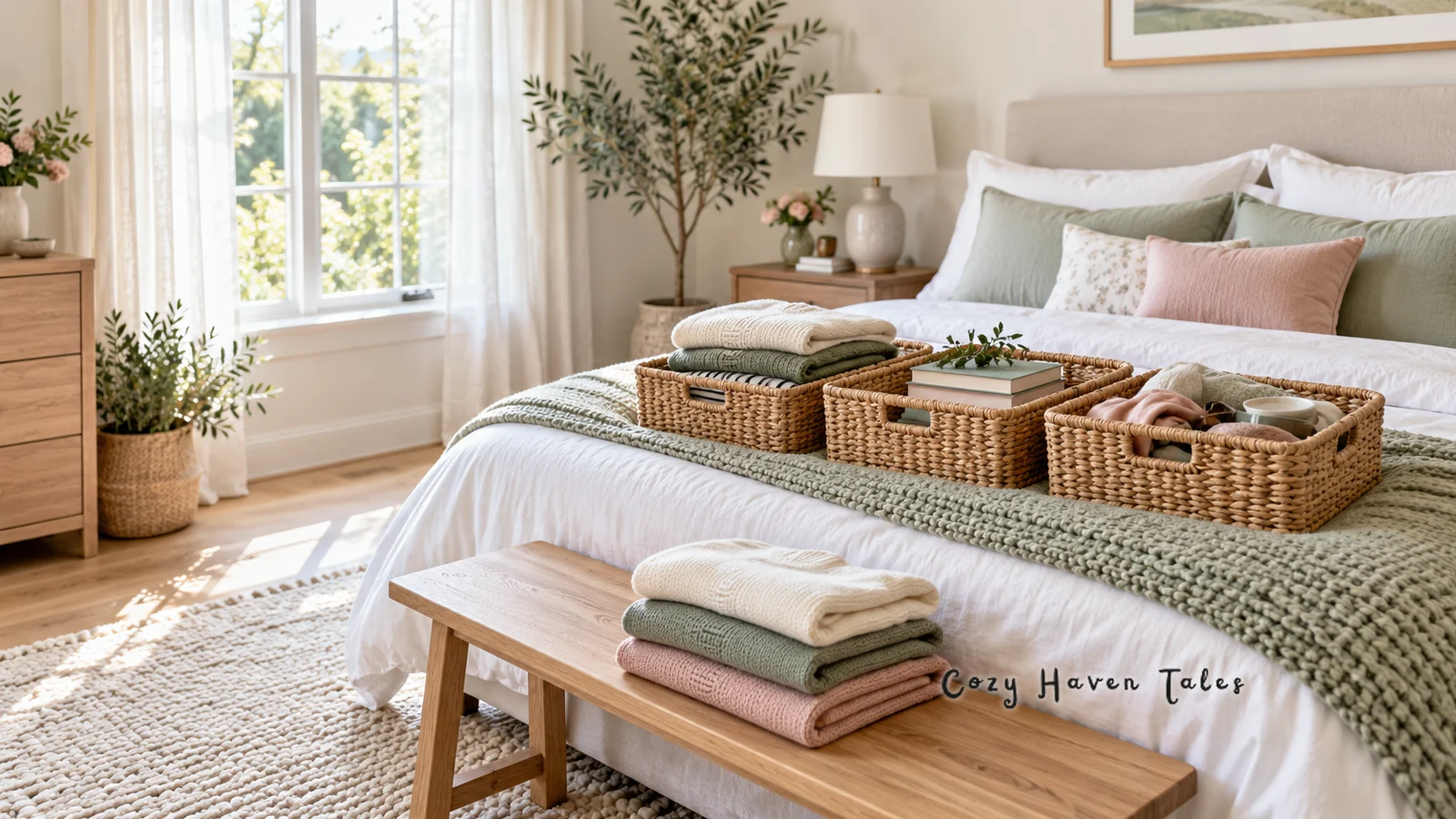 Three woven baskets of sorted clothes on a white bed in a bright bedroom