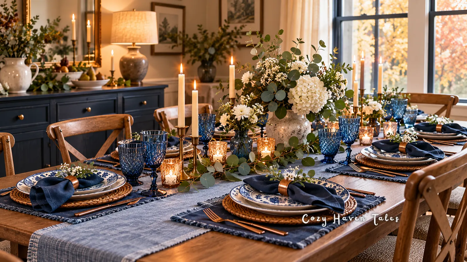 Thanksgiving table in blue and cream with navy napkins in brass rings, blue glassware, white hydrangeas, and tall taper candles by an autumn window