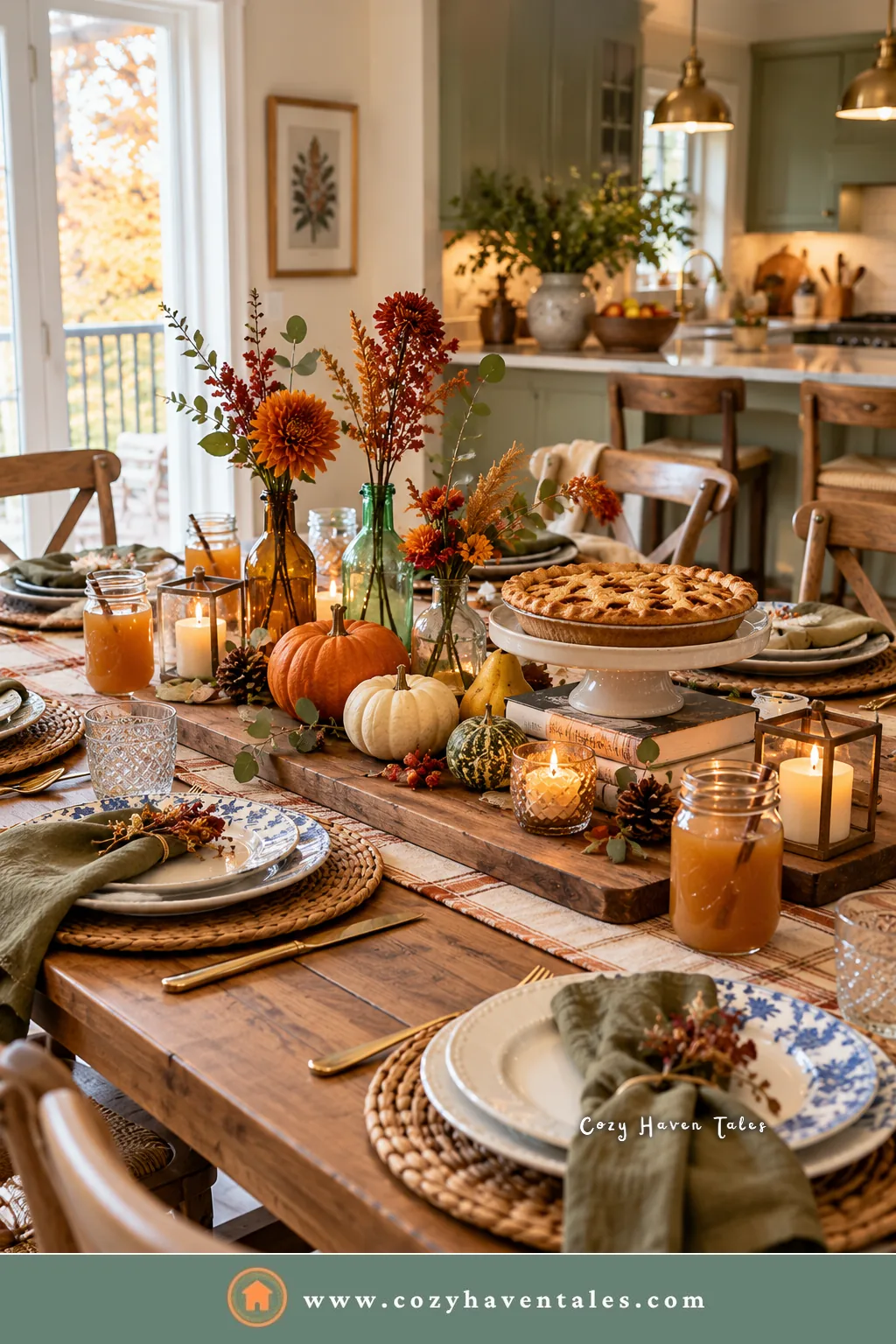 Decorate a Thanksgiving table with what you own: a pie on a cake stand, candles in mason jars, small pumpkins, and olive napkins in the kitchen