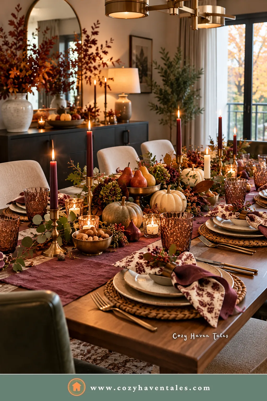 Jewel-tone Thanksgiving table with a burgundy runner, plum taper candles, floral napkins, and amber glasses, a rich way to decorate a table for Thanksgiving