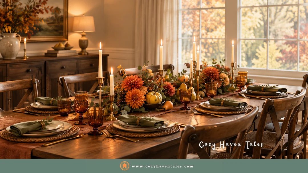 Low centerpiece of orange dahlias, pears, and gourds down a wood Thanksgiving table, short enough for guests to talk over