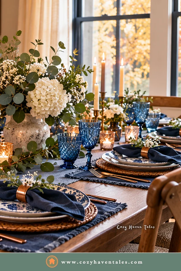 Thanksgiving place setting with a navy napkin in a brass ring, a sprig of white flowers, blue and white china, and blue glassware, a simple way to decorate a Thanksgiving table