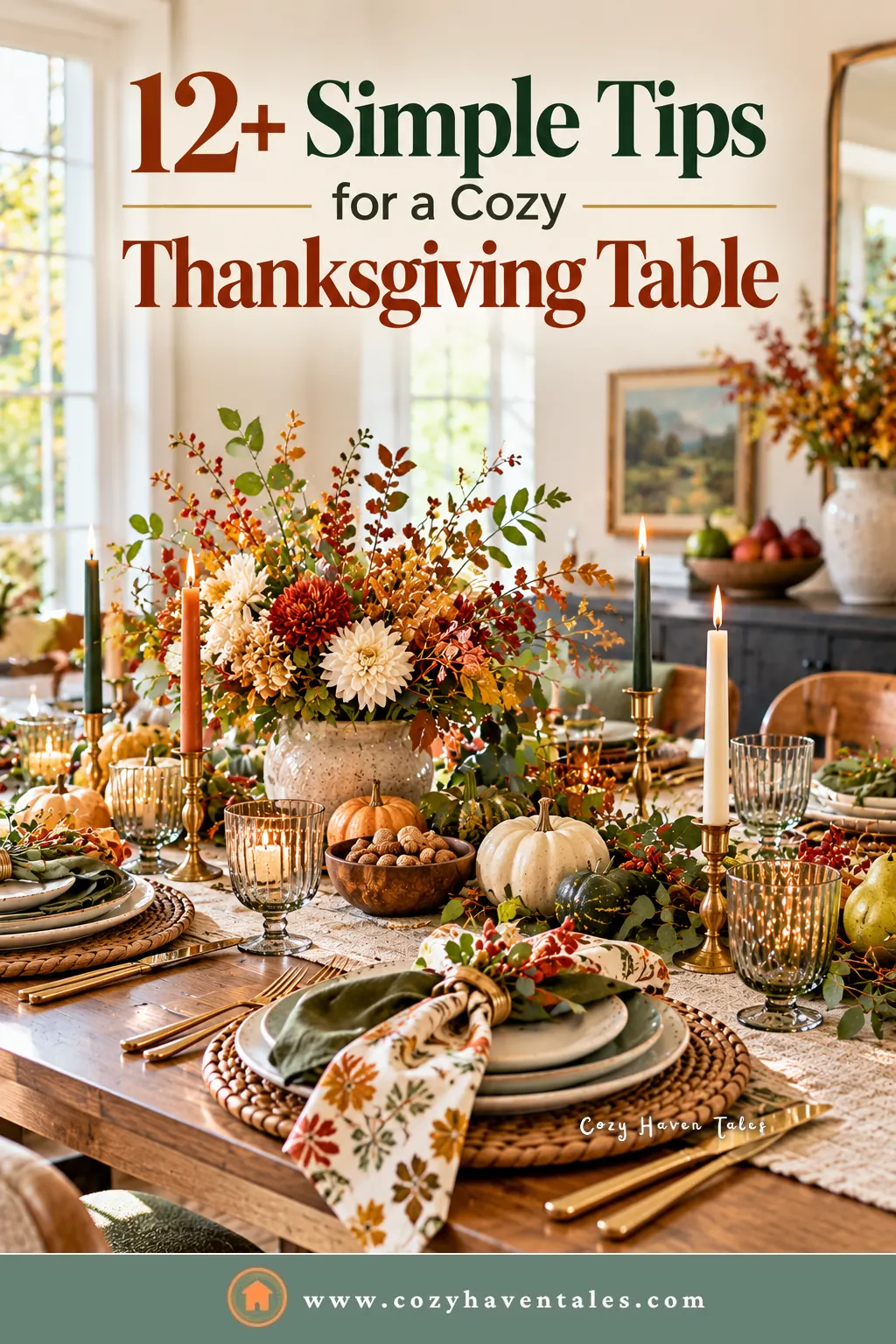 How to decorate a table for Thanksgiving title image: 12+ simple tips for a cozy Thanksgiving table, with a fall floral centerpiece and taper candles