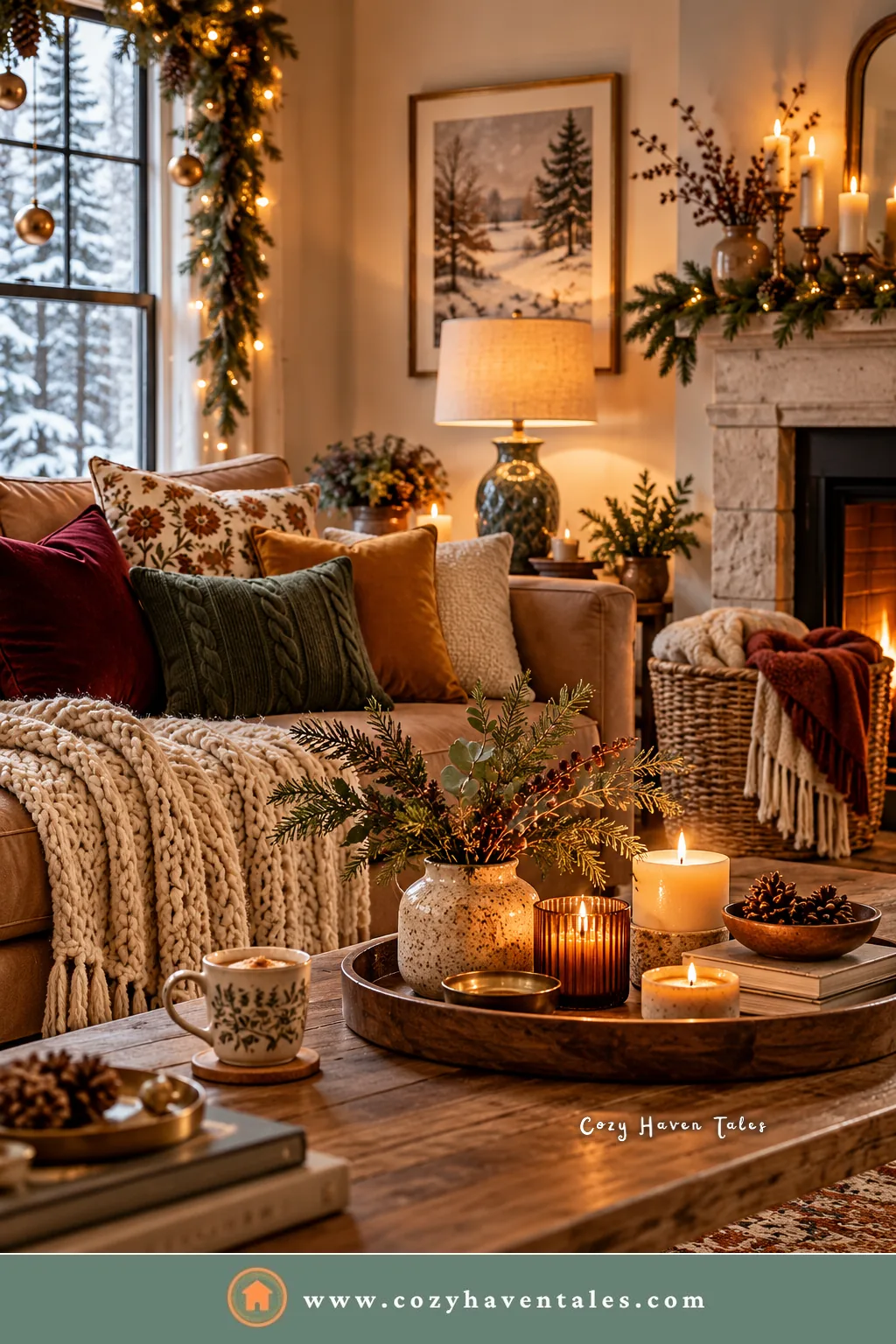 Winter coffee table with a candle tray, a mug, books, and pinecones, simple living room winter decor ideas