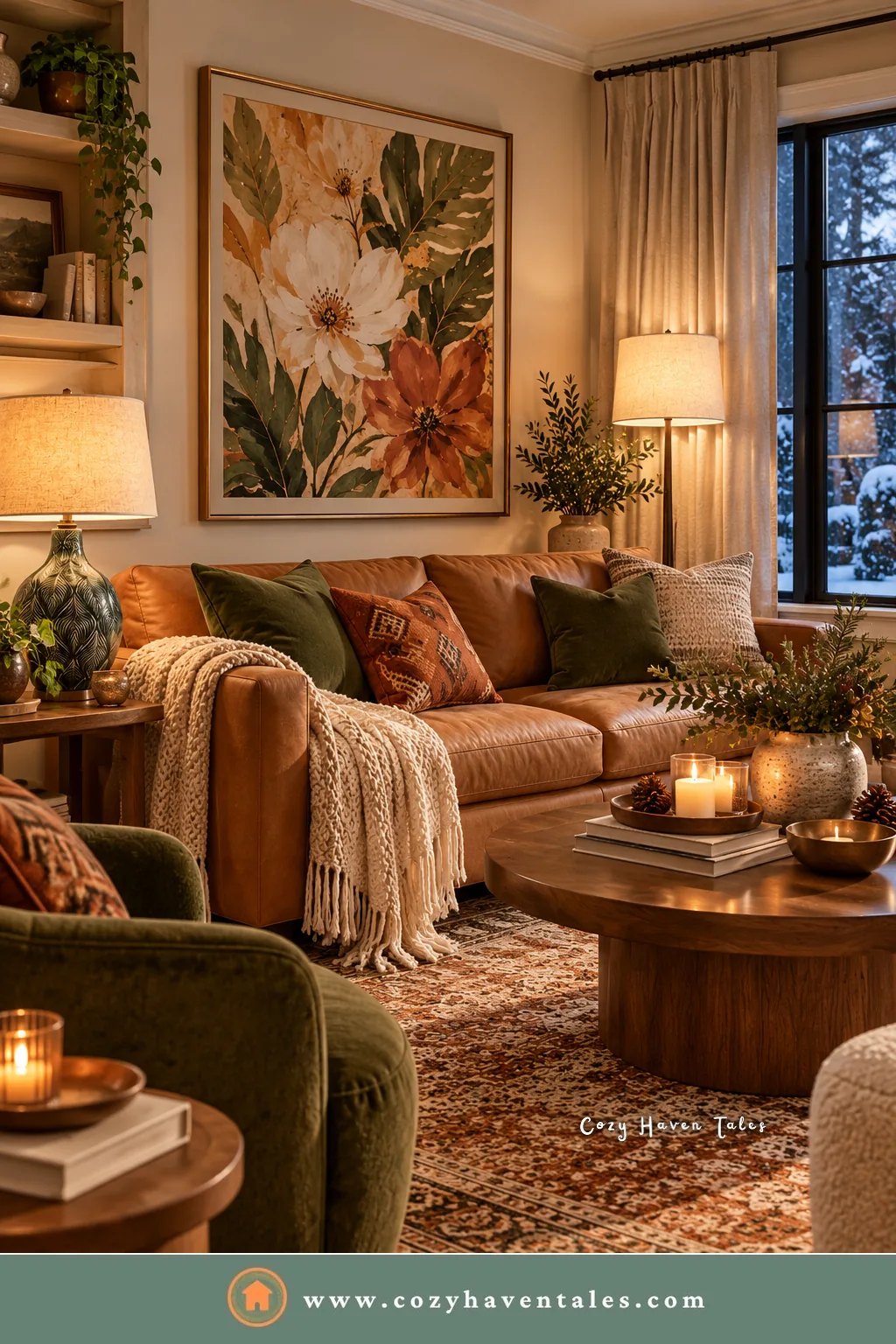 Floor-length cream curtains framing a snowy window in a warm living room with a camel sofa and a floral painting