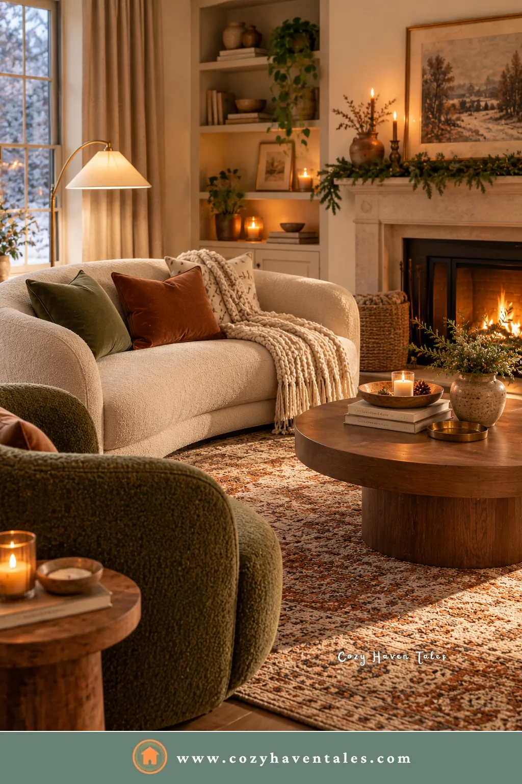 Curved cream sofa pulled close to a fireplace with a green armchair and a round wood coffee table by a snowy window