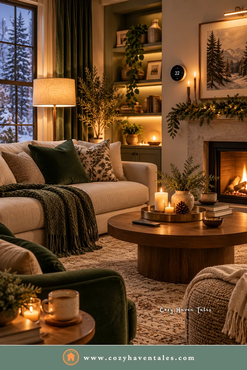 Green velvet armchair and deep green accents by a lit fireplace, living room winter decor ideas with deeper color