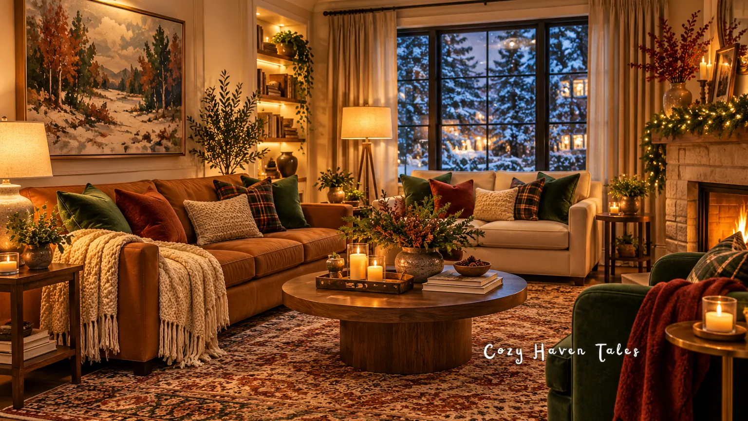 Cozy winter living room with a snowy window, a lit fireplace with garland, a leather sofa, and a landscape painting