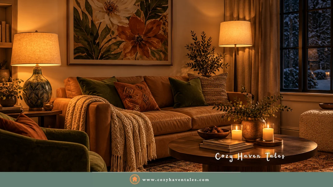 Living room winter decor ideas lit by table lamps and candles on a round coffee table, with a snowy window at night