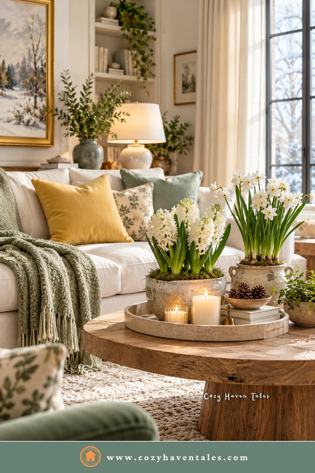 Potted white hyacinths and paperwhites on a round coffee table with a sage knit throw and a yellow pillow on a cream sofa, late living room winter decor ideas for March