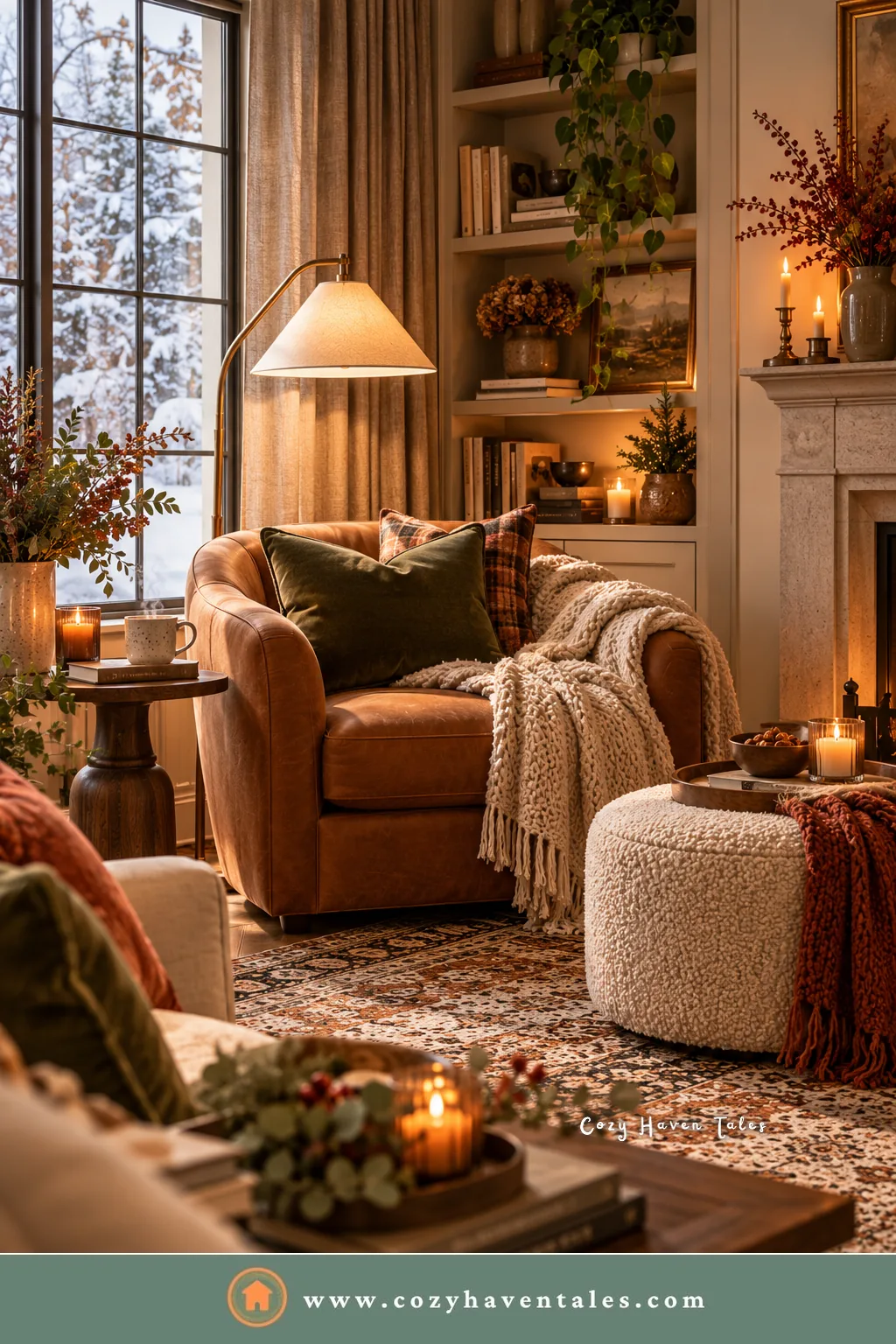 Reading corner with a rust armchair, a knit throw, a floor lamp, and a boucle ottoman by a snowy window, cozy living room winter decor ideas
