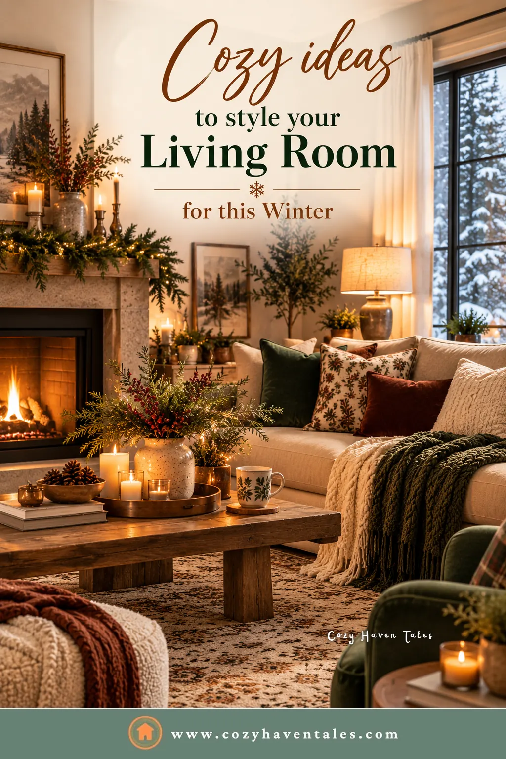 Cozy ideas to style your living room for this winter, title image for living room winter decor ideas with a garland mantel and a snowy window