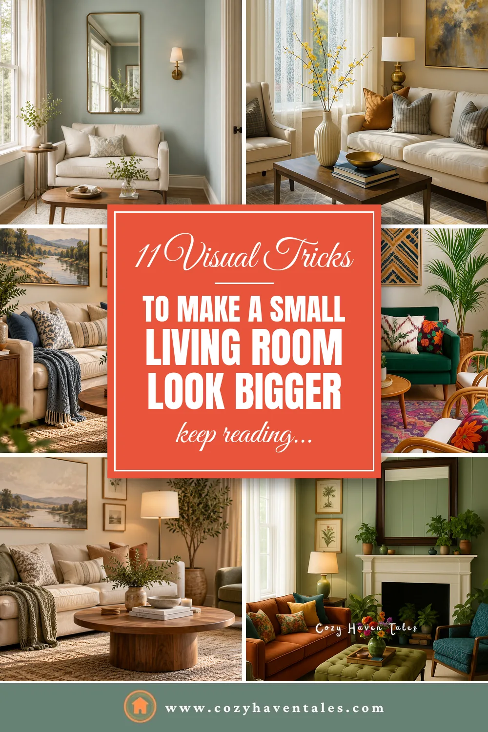 11 visual tricks to make a small living room look bigger, a collage of light living rooms with mirrors, tall curtains, and open shelves