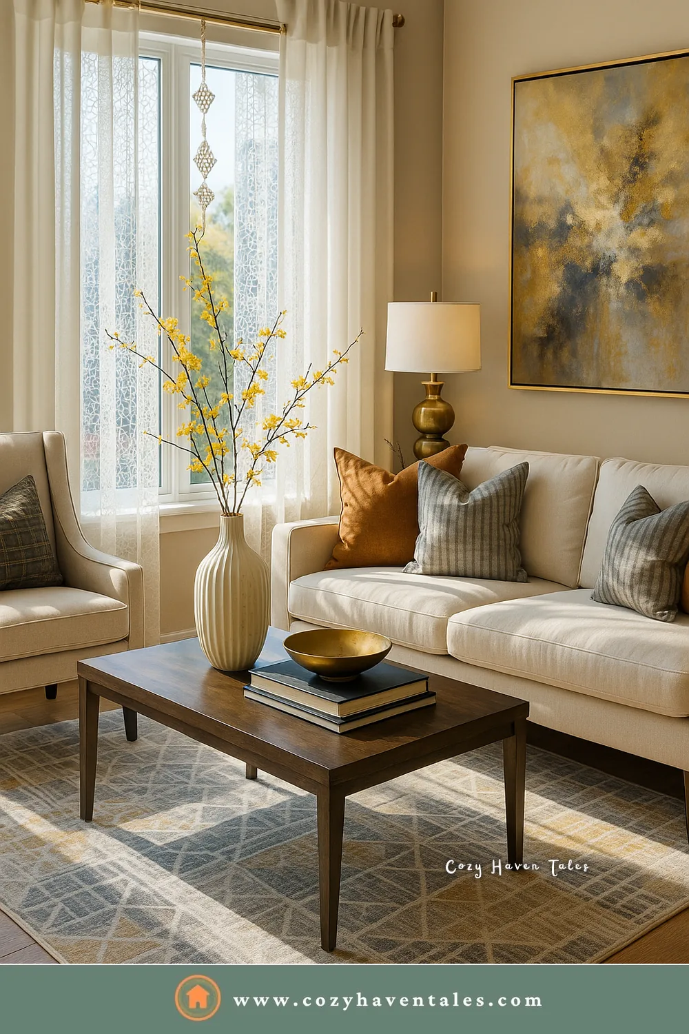 Cream walls, cream curtains, and a cream sofa in one warm color family make a small living room look bigger