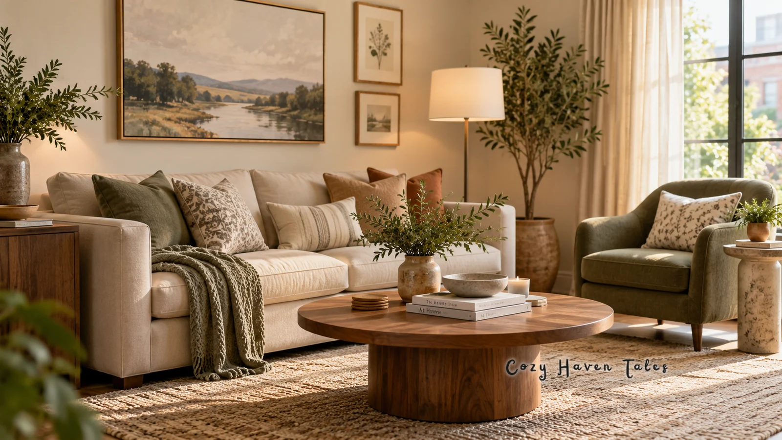 Small living room with a cream sofa, an olive armchair, and a round wood coffee table on a large jute rug in warm afternoon light