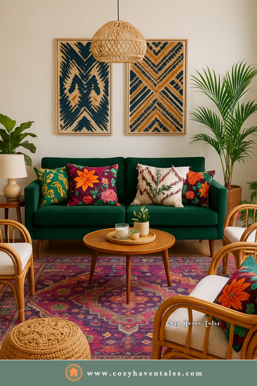 A green sofa, rattan chairs, and a round coffee table on slim legs make a small living room look bigger