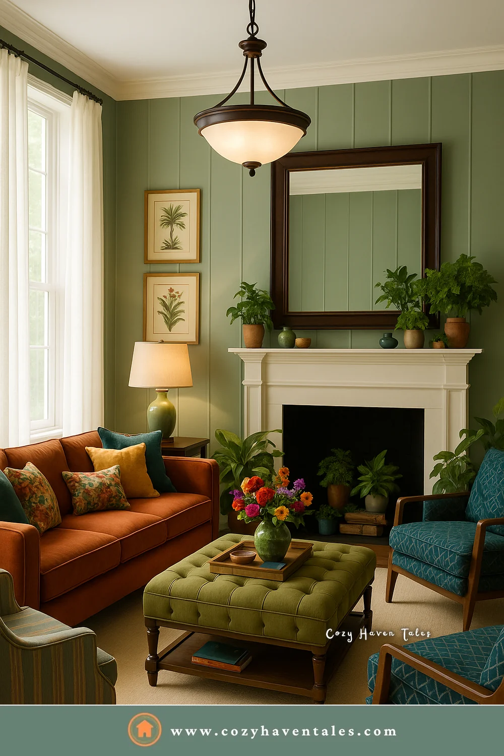 Sage paneled living room lit by a pendant, a table lamp, and a fireplace in the evening glow